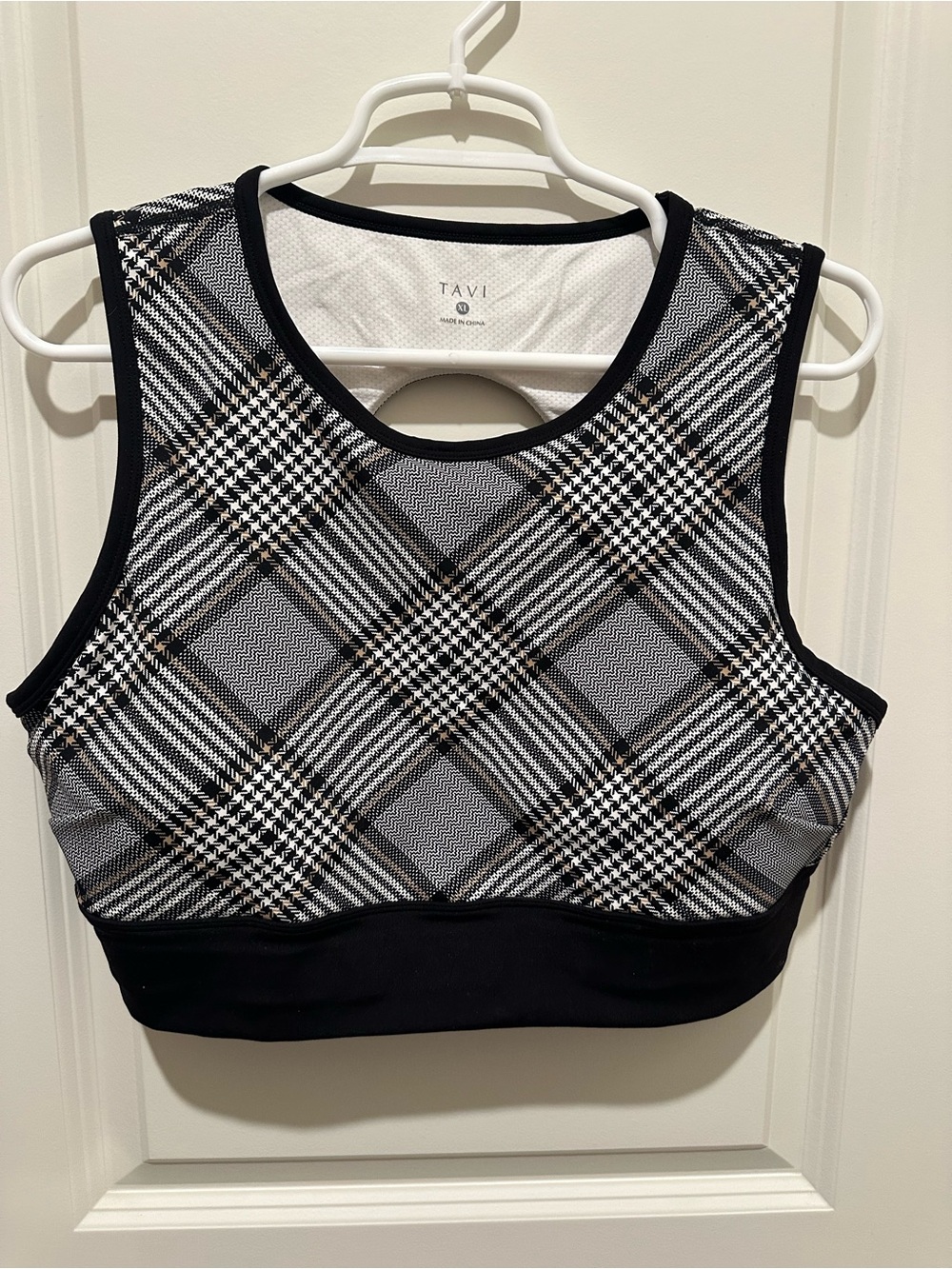 Tavi Black Plaid High-Neck Crop Sports Bra